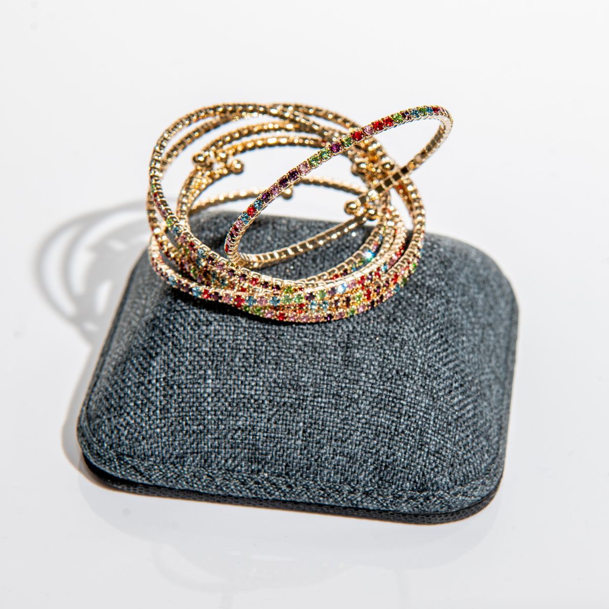 Perfect gift - kids rainbow crystal bangles in gold stacked with flexible wire construction